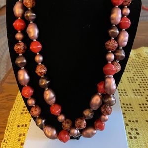 Joan Rivers necklace 44” mult beads rosy copper